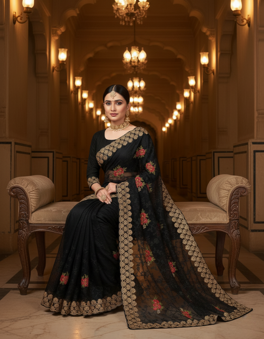 Black Net Saree