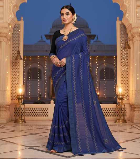 Blue Vichitra Silk Hotfix Stone Work Saree