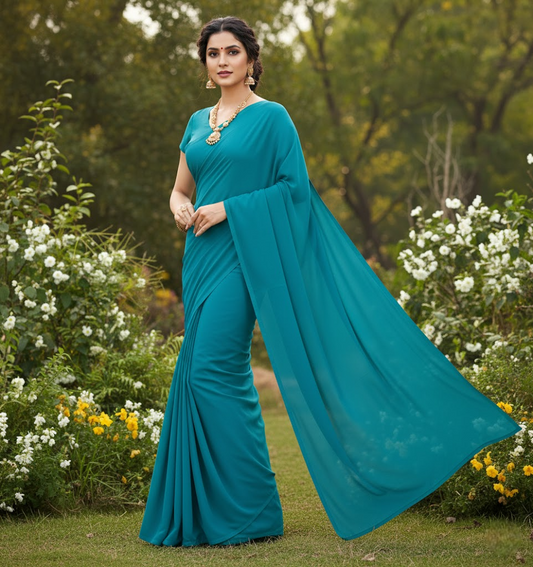 Dark Firozi Georgette Plain Saree