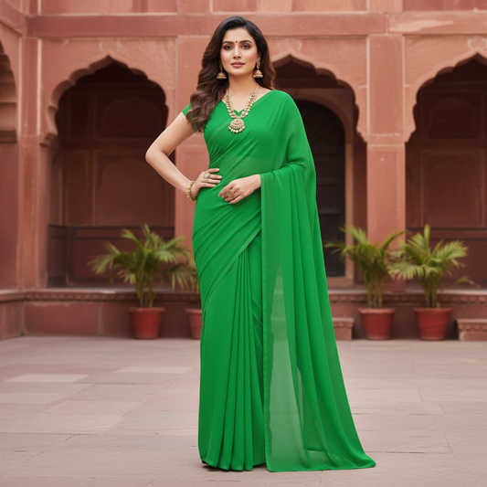Dark Green Georgette Plain Saree