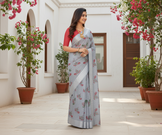 Elegant Grey Printed Cotton Saree