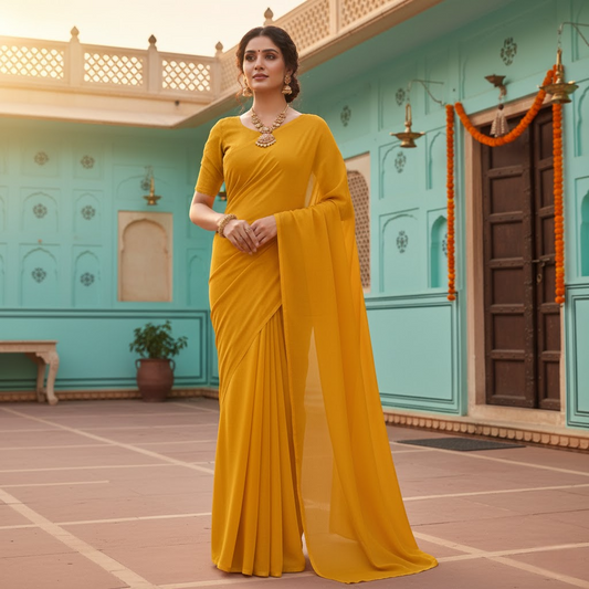 Gold Georgette Plain Saree