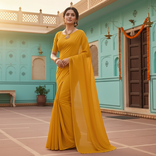 Gold Georgette Plain Saree