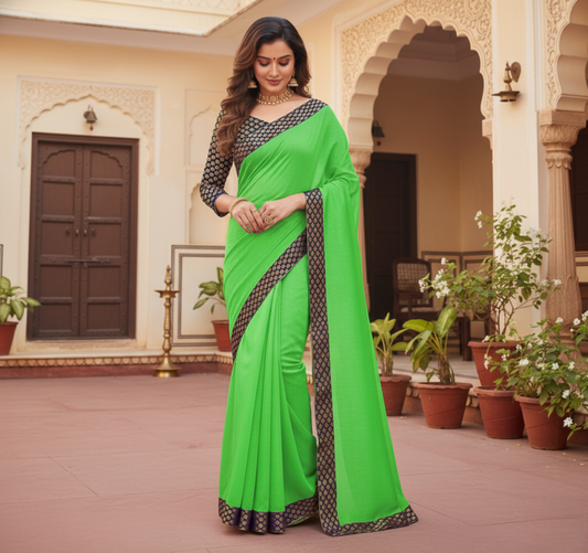 Green Chanderi Cotton Lace Border Saree