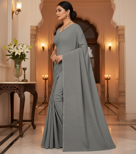 Grey Georgette Plain Saree