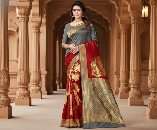 Grey & Red Banarasi Silk Saree