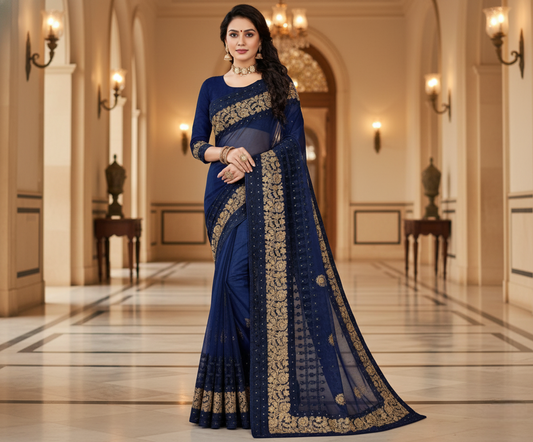 Navy Blue Embroidered Net Saree