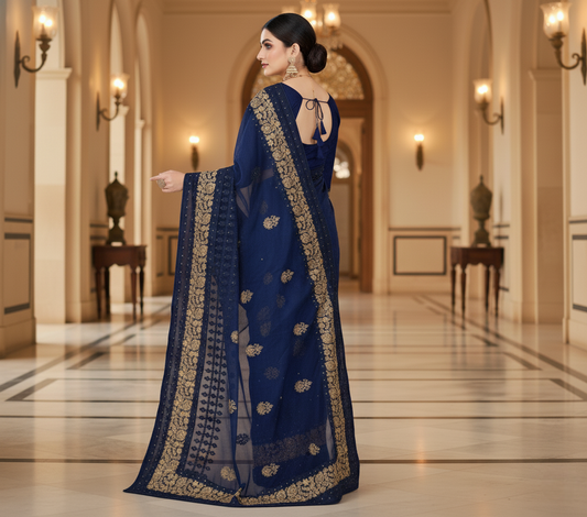 Navy Blue Embroidered Net Saree