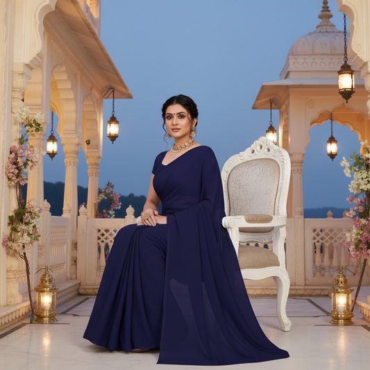 Navy Blue Georgette Plain Saree