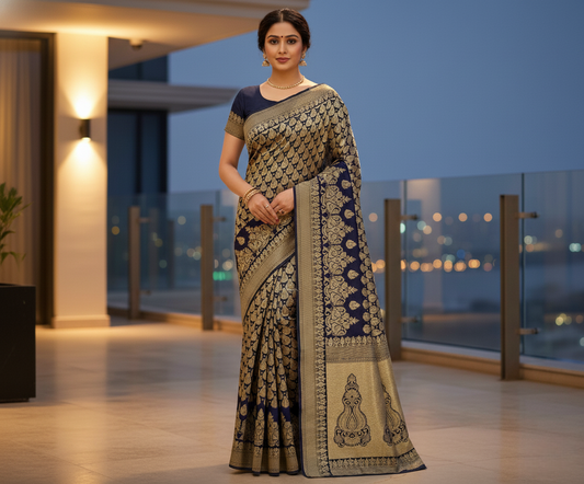 Navy Blue Jacquard Silk Kanjivaram Saree With Blouse
