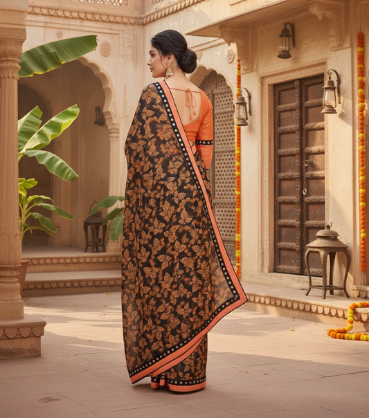 Orange Floral Print Lycra Blend Saree