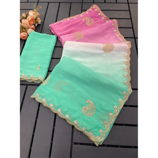 Generic Women's Digital Printed¬† Geogette Saree With Unstitched Blouse (Light Green, 5-6 Mtrs)