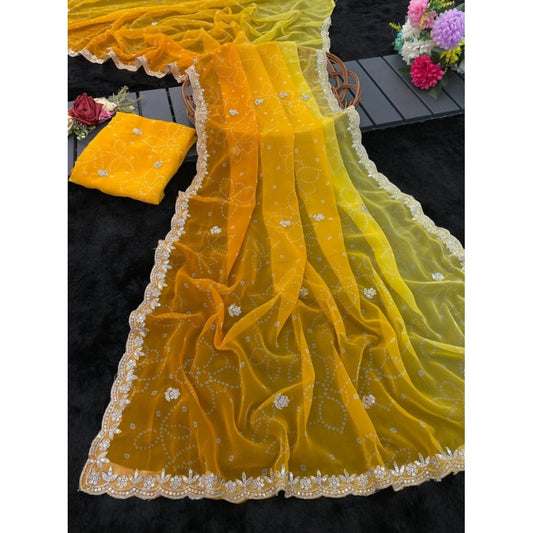 Generic Women's Digital Printed¬† Georgette Saree With Unstitched Blouse (Yellow, 5-6 Mtrs)