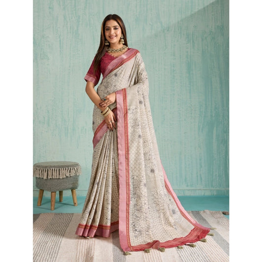 Beige Silk Blend Printed Saree