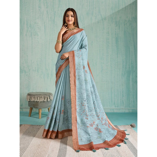 Blue Silk Blend Printed Saree