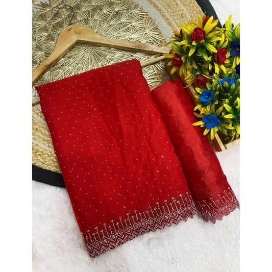 Generic Women's Georgette Stone Work Saree With Unstitched Blouse 5.5Mtr (Red)