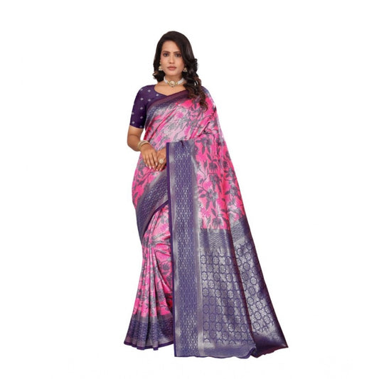 Generic Women's Banarasi Silk Jaquard Woven Saree With Unstitched Blouse 5.5Mtr (Pink)
