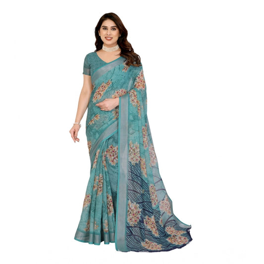 Generic Women's Georgette Printed Saree With Unstitched Blouse 5.5Mtr (Turquoise Green)