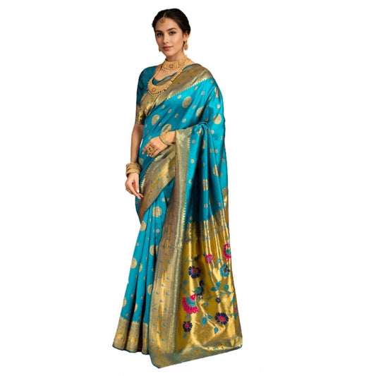 Generic Women's Silk Blend Paithani Saree With Unstitched Blouse 5.5Mtr (Rama)