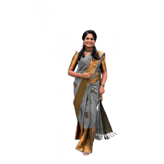 Grey Lichi Silk Saree