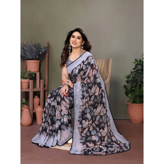 Grey Chiffon Printed Saree