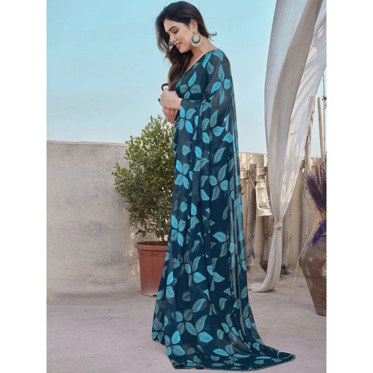 Blue Chiffon Printed Saree