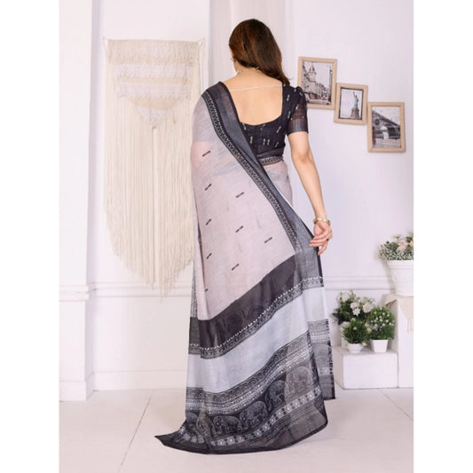 White & Black Linen Cotton Saree
