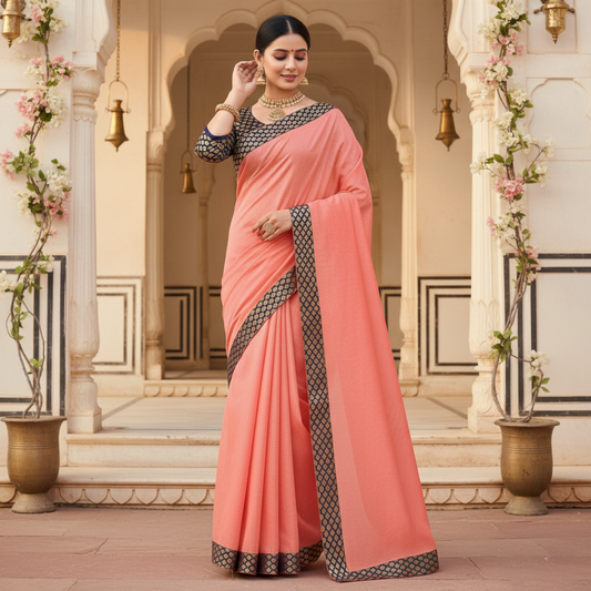 Peach Chanderi Cotton Lace Border Saree