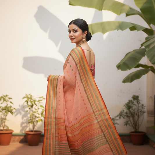 Peach Kota Doria Cotton Woven Butta Saree