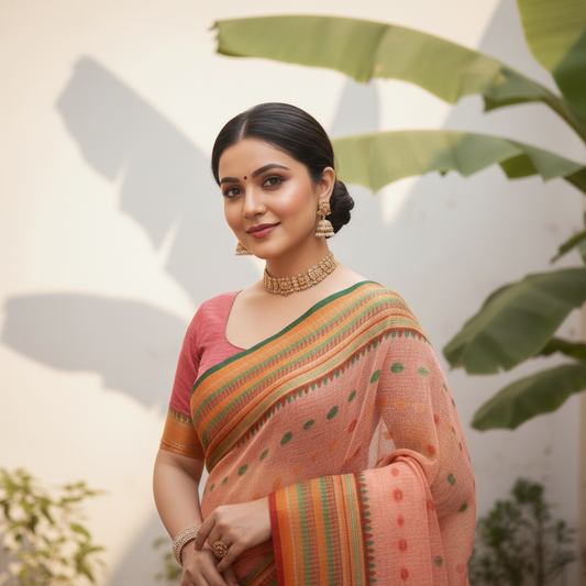 Peach Kota Doria Cotton Woven Butta Saree