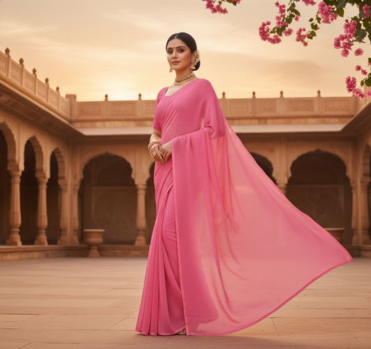 Pink Georgette Plain Saree