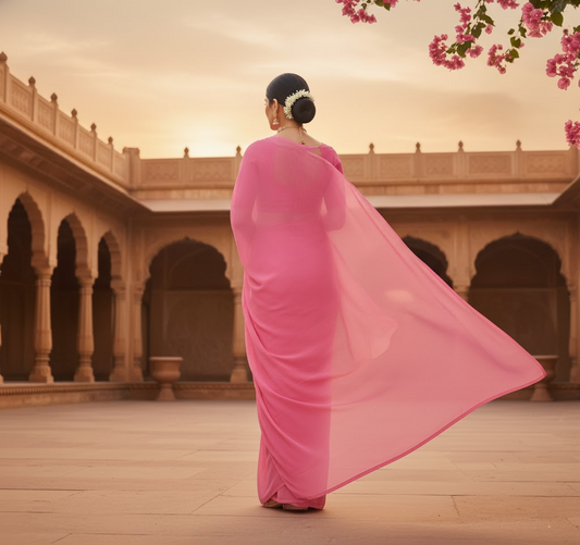 Pink Georgette Plain Saree