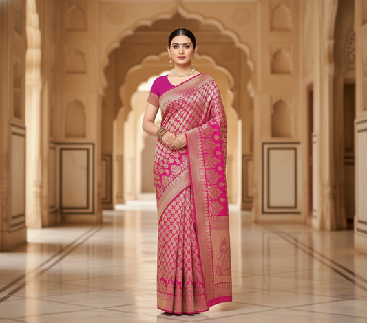 Pink Jacquard Silk Kanjivaram Saree With Blouse