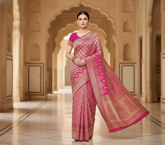 Pink Jacquard Silk Kanjivaram Saree With Blouse