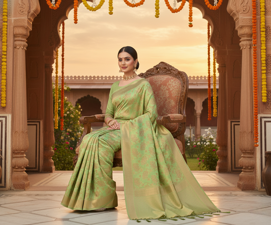 Pista Green Banarasi Spun Cotton Saree