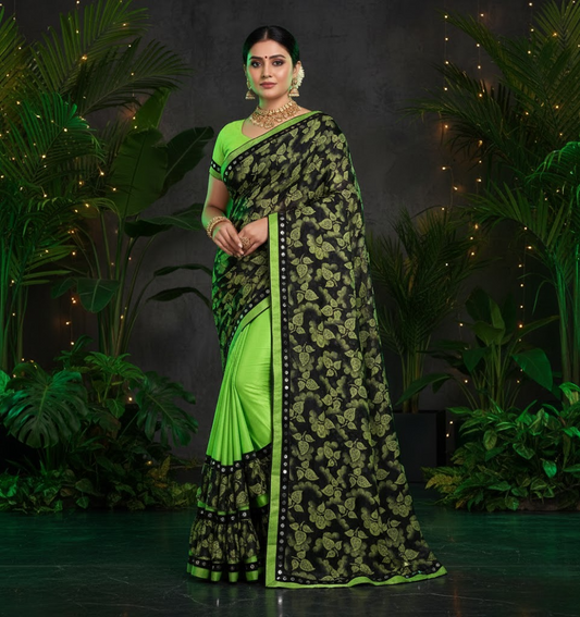 Pista Green Floral Print Lycra Blend Saree