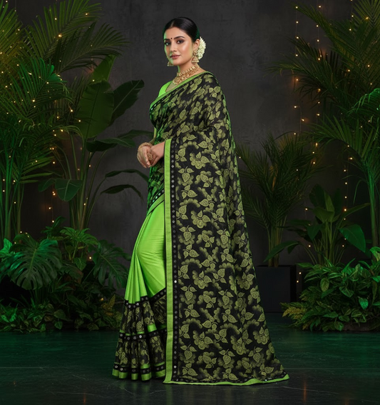 Pista Green Floral Print Lycra Blend Saree