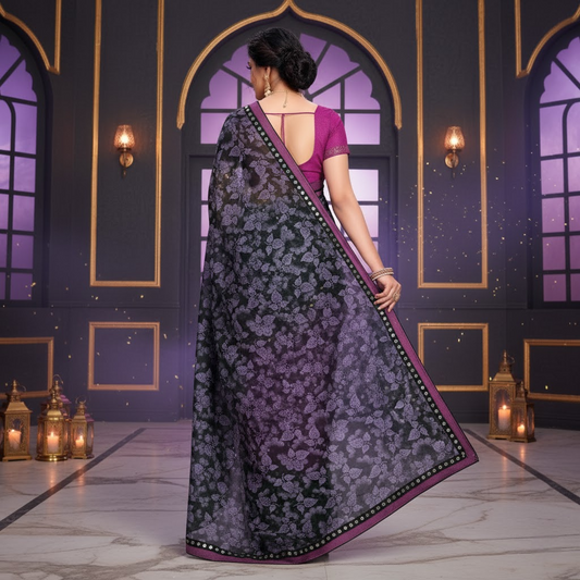 Purple Floral Print Lycra Blend Saree