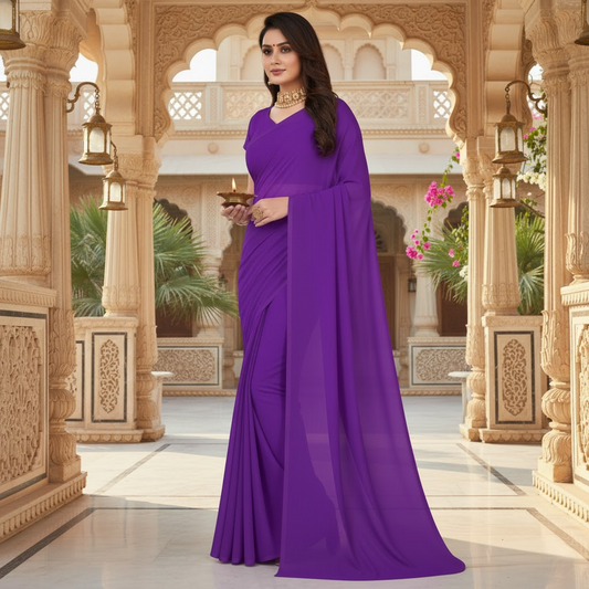 Purple Georgette Plain Saree With Blouse