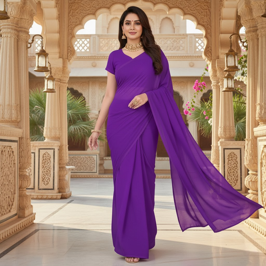 Purple Georgette Plain Saree With Blouse