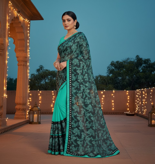 Rama Green Floral Print Lycra Blend Saree