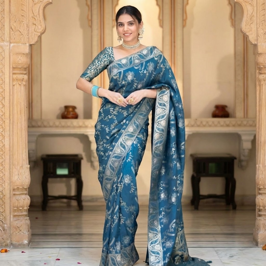 Teal Blue Silk Printed Saree